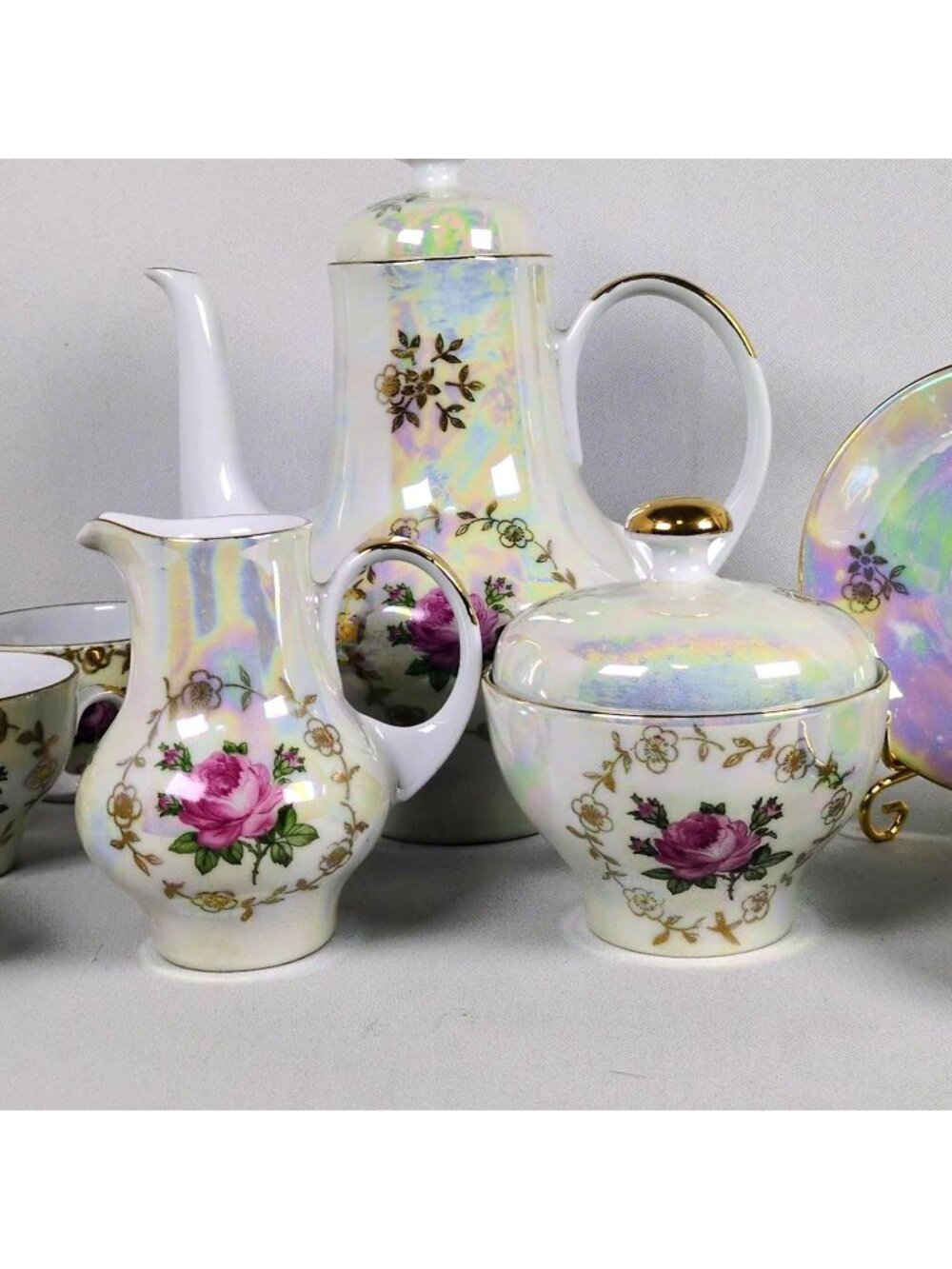 Kahla GDR Demitasse Set 17pc Iridescent Pink Rose Gold 1950s